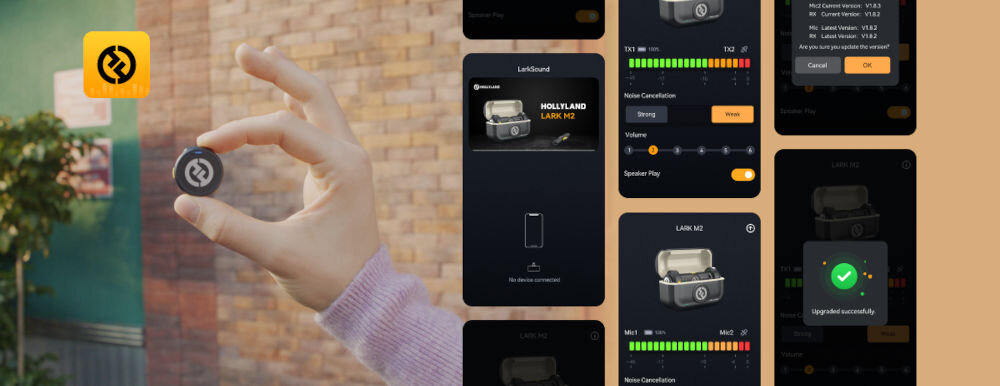 System bezprzewodowy HOLLYLAND Lark M2 Lightning Grafitowy prezentacja różnych funkcji w aplikacji obok ręka w pomieszczeniu trzymająca mikrofon ikona aplikacji darmowa aplikacja LarkSound sterowanie mikrofonem z telefonu ułatwienie pracy