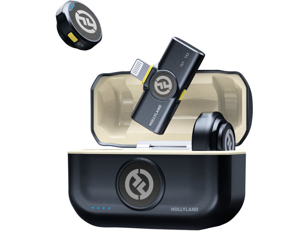 System bezprzewodowy HOLLYLAND Lark M2 Lightning Grafitowy prezentacja etui i przed nim oraz w powietrzu urządzeń na białym tle ładowanie podczas użytkowania eliminacja przerw w nagraniach