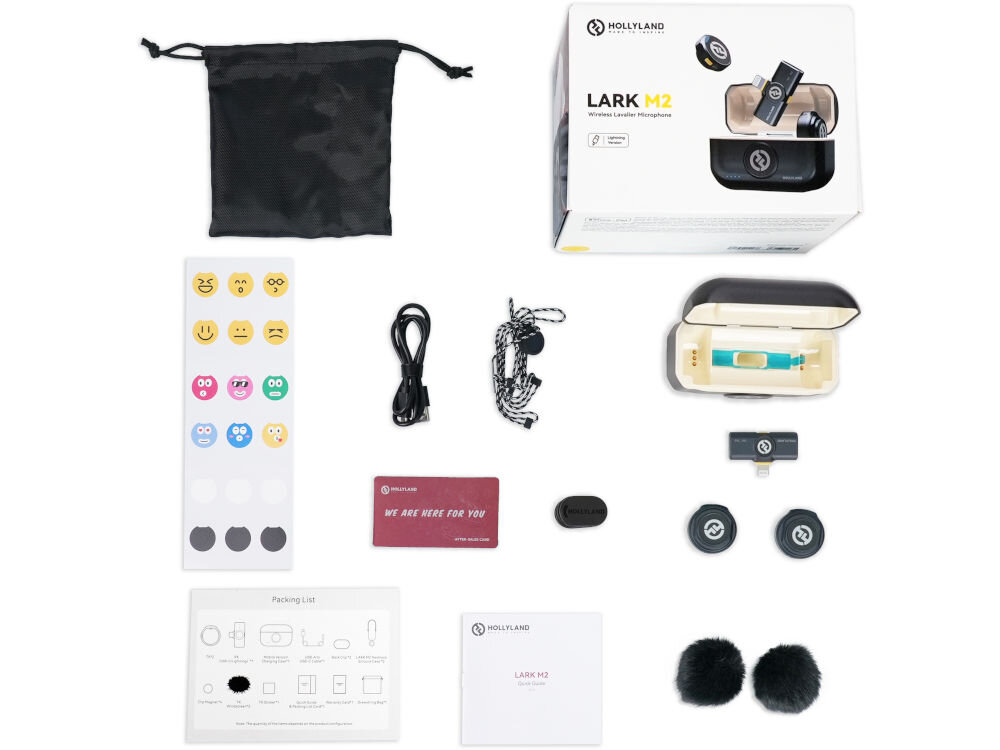 System bezprzewodowy HOLLYLAND Lark M2 Lightning Grafitowy prezentacja zestawu bezprzewodowego wraz z akcesoriami na białym tle