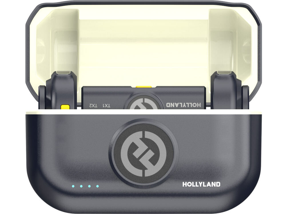 System bezprzewodowy HOLLYLAND Lark M2 Lightning Grafitowy prezentacja zestawu w etui ładującym na białym tle format audio materiały wierne oryginałowi produkcja wideo podcasty transmisje na żywo