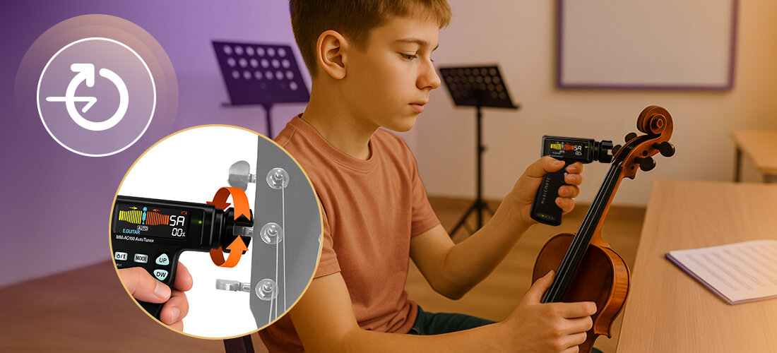Automatyczny stroik tuner gitarowy MUSICMATE MM-AG100 AutoTuneX mikrofon sensor wyświetlacz wygoda, dziecko kalibrujące skrzypce