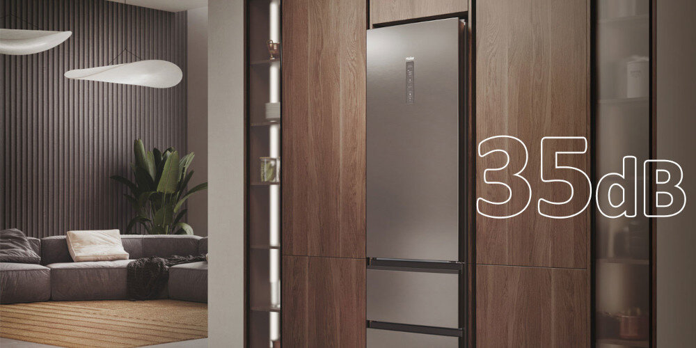 LODÓWKA HAIER HTW7620ANMG3D Dyskretna praca urządzenia cicha bez zakłócania spokoju bez hałasu 35 dB elegancja komfort