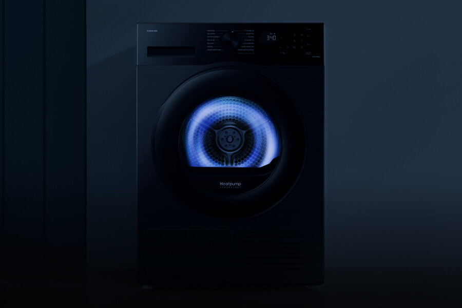 Podświetlony na niebiesko bęben w suszarce OptimalDry DV90CGC2A0AB marki Samsung z Media Expert