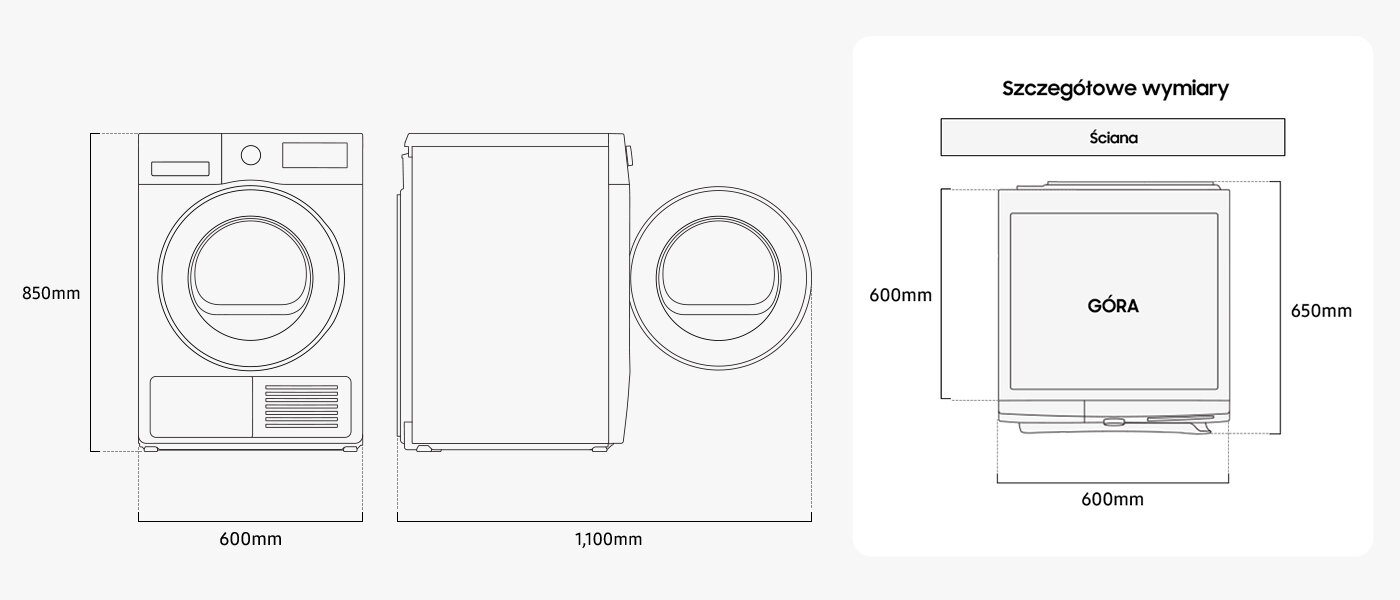 Wymiary suszarki OptimalDry DV90CGC2A0AB marki Samsung z Media Expert