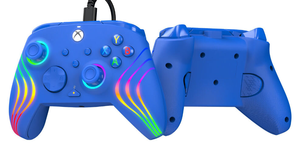 Kontroler PDP Afterglow Wave Xbox S/X/One/PC Niebieski prezentacja kontrolera od przodu i od tyłu na białym tle