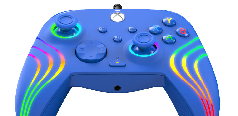 Kontroler PDP Afterglow Wave Xbox S/X/One/PC Niebieski prezentacja kontrolera od przodu na białym tle personalizacja przypisanie przycisków zmiana martwych stref analogów czułości triggerów dwa dodatkowe tylne przyciski szybki dostęp