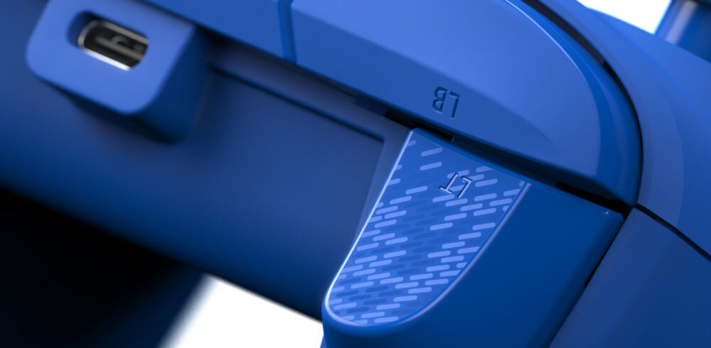 Kontroler PDP Afterglow Wave Xbox S/X/One/PC Niebieski prezentacja kontrolera i zbliżenie na przyciski dedykowane przyciski sterowanie dźwiękiem płynność rozgrywki szybki dostęp do najważniejszych funkcji