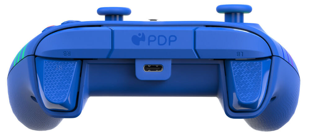 Kontroler PDP Afterglow Wave Xbox S/X/One/PC Niebieski prezentacja kontrolera od strony portu USB-C Xbox Series X S One komputer z systemem Windows 10 lub 11