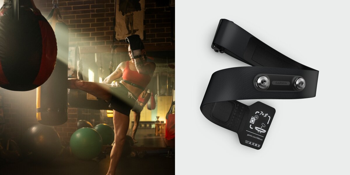 GARMIN HRM 600 pomiar dynamiki biegu czasu kontaktu z podłożem, odchylenia pionowego i balansu ruchu zegarkiem - czujnik na białym tle, ćwicząca kobieta