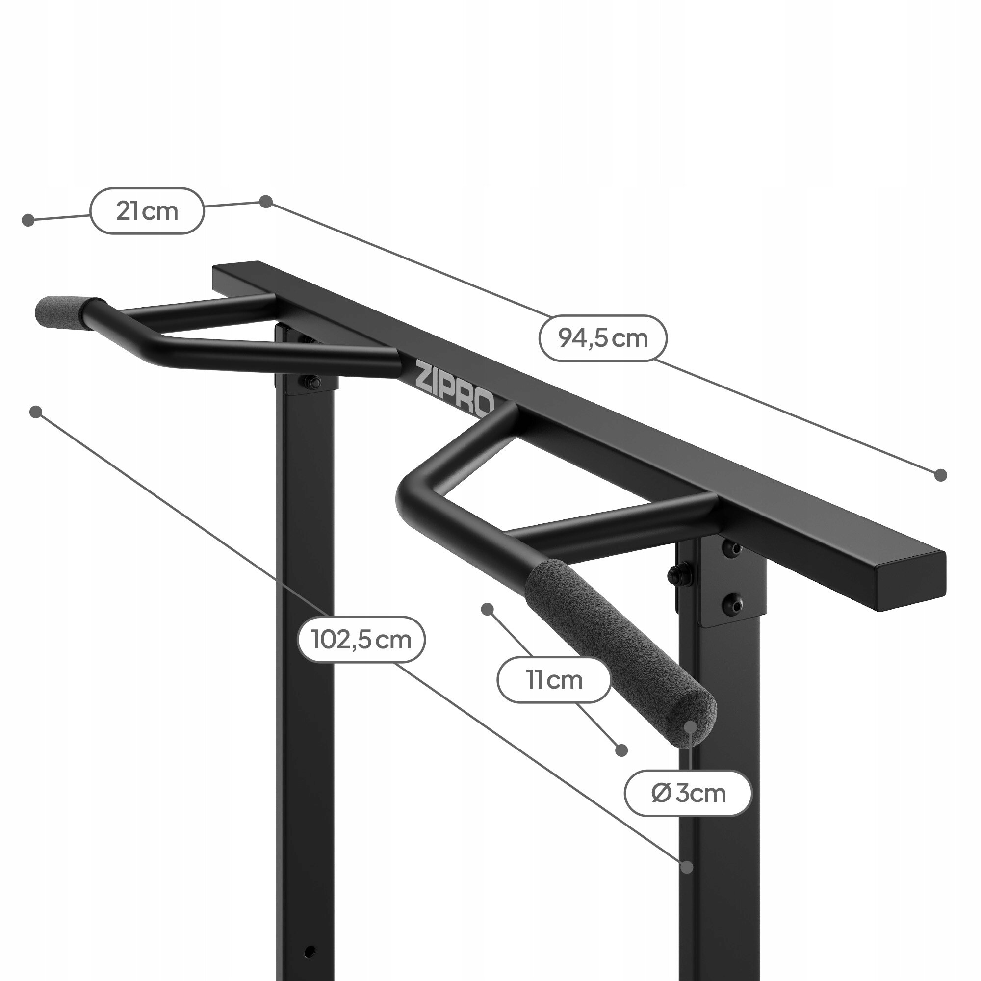 Obraz przedstawia czarny drążek treningowy z oznaczeniami wymiarów: 21 cm, 94,5 cm, 102,5 cm, 11 cm i Ø3 cm. Na drążku widoczne jest logo \'ZIPRO\'.