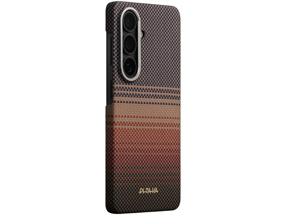 Etui PITAKA Ultra-Slim MagSafe Samsung Galaxy S26 - smukłe, funkcjonalne, MagSafe Etui Pitaka Sunset na telefon z pionowym układem trzech obiektywów aparatu, wykonane z plecionego włókna aramidowego w odcieniach zachodzącego słońca.
