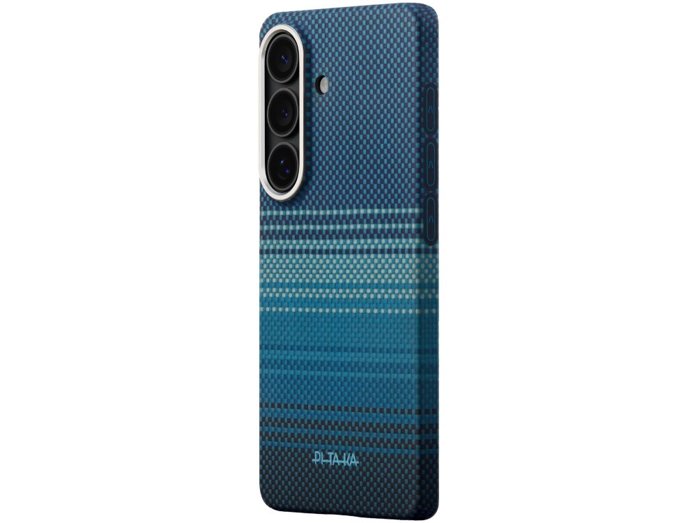 Etui PITAKA MagSafe Samsung Galaxy S26 - smukłe, funkcjonalne, MagSafe Etui Pitaka Sunset na telefon z pionowym układem trzech obiektywów aparatu, wykonane z plecionego włókna aramidowego.