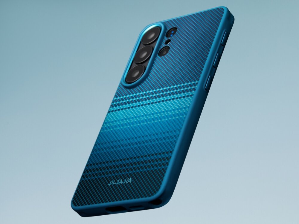 Etui PITAKA Cairn Case Samsung Galaxy S26 - włókno aramidowe, nowoczesny splot, wytrzymałe Smartfon Samsung Galaxy S24 Ultra w etui Pitaka z włókna aramidowego Sunset Moon, widok z profilu na tylną obudowę.