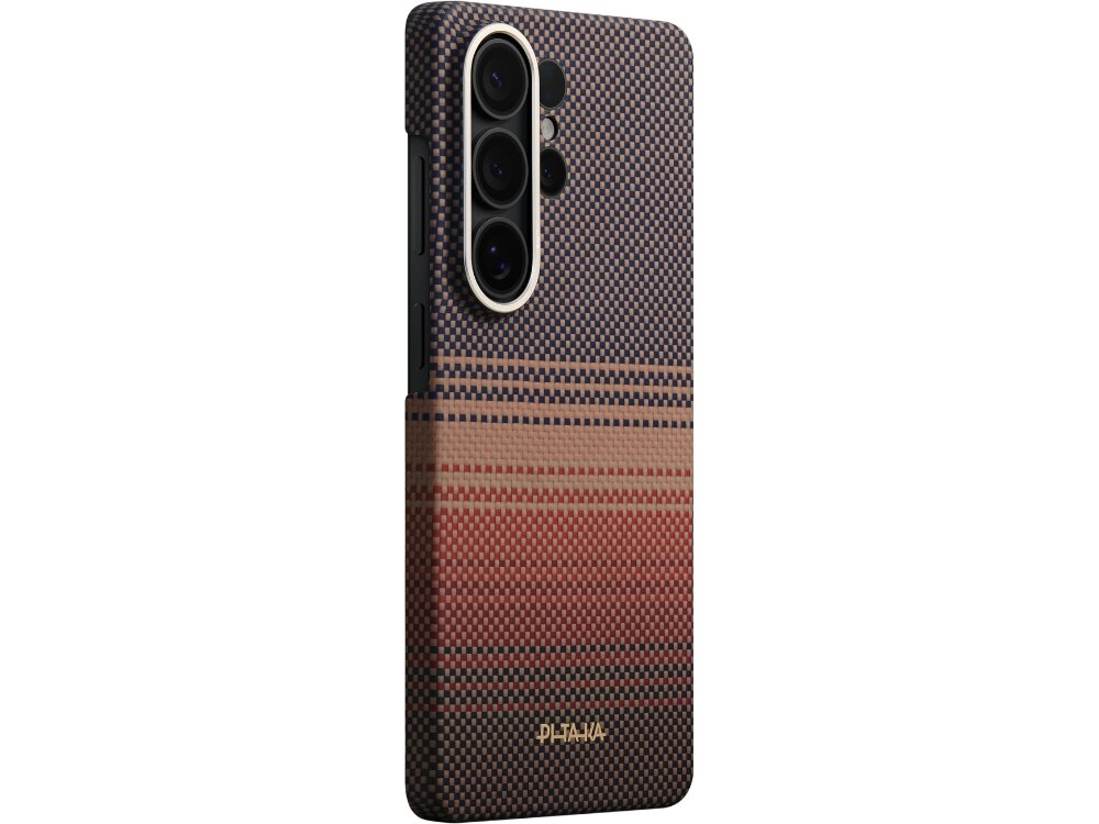 Etui PITAKA MagSafe Samsung Galaxy S26 - smukłe, funkcjonalne, MagSafe Etui Pitaka Sunset na telefon z pionowym układem trzech obiektywów aparatu, wykonane z plecionego włókna aramidowego.