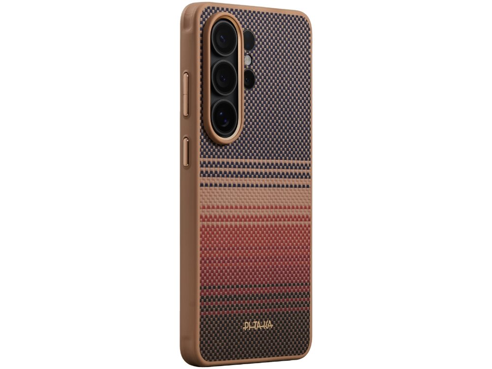 Etui PITAKA Cairn Case Samsung Galaxy S26 - MagSafe, funkcjonalne, minimalistyczne Tył telefonu Samsung Galaxy S24 Ultra w brązowym etui ochronnym Pitaka Sunset Moon o teksturze włókna węglowego.