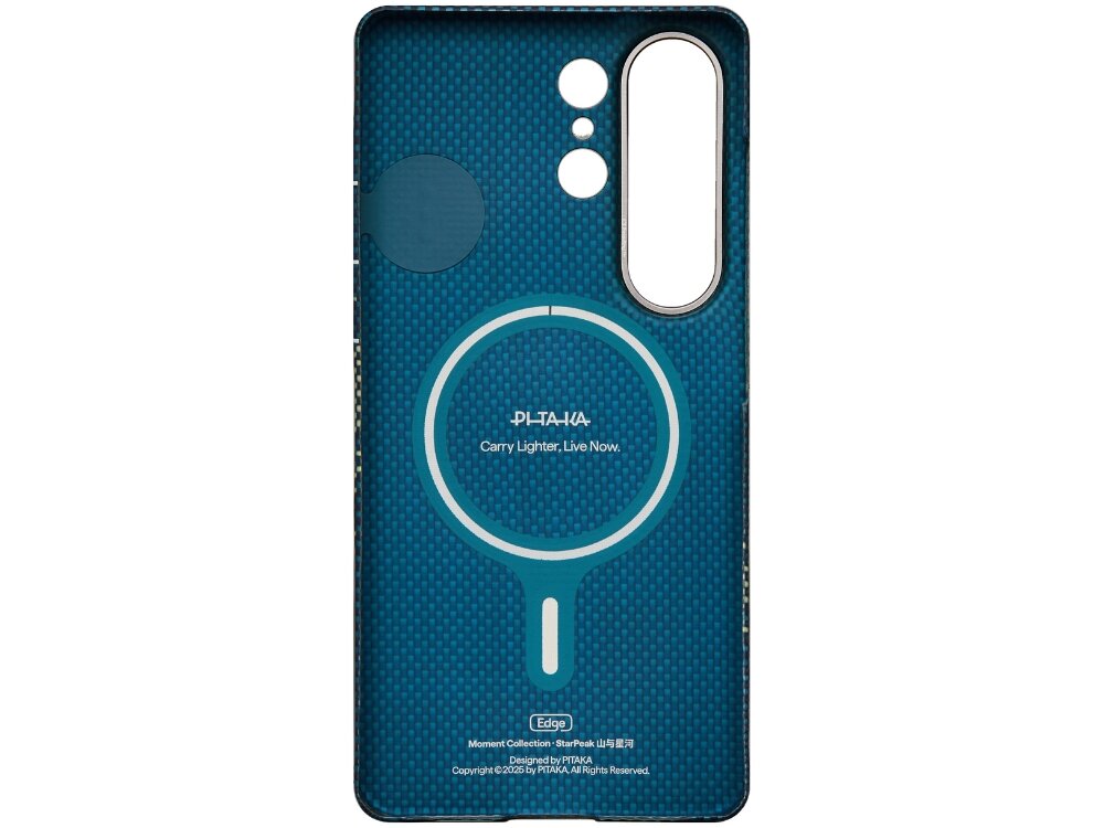 Etui PITAKA Ultra-Slim MagSafe Samsung Galaxy S26 - detale, tekstura, elegancja Wnętrze etui na telefon z widocznym pierścieniem magnetycznym MagSafe oraz napisem Pitaka Moment Collection Sunset.