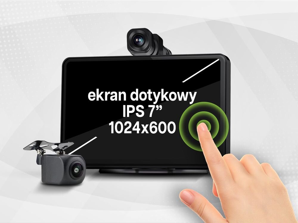 Samochodowy tablet multimedialny TRACER CarPlay 7.0  + Kamera tył ekran IPS 7 cali, tablet multimedialny z kamerą cofania na jasnym tle