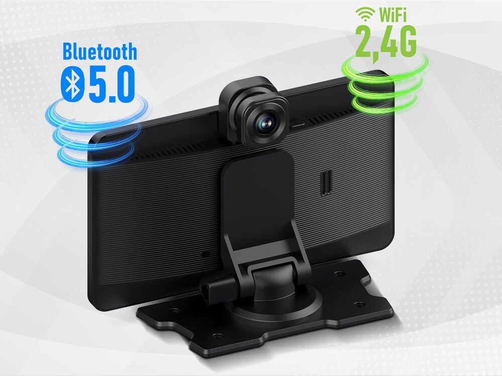 Samochodowy tablet multimedialny TRACER CarPlay 7.0 Bezprzewodowy Czarny + Kamera tył WiFi Bluetooth 5.0, tablet multimedialny po skosie od tyłu na jasnym tle