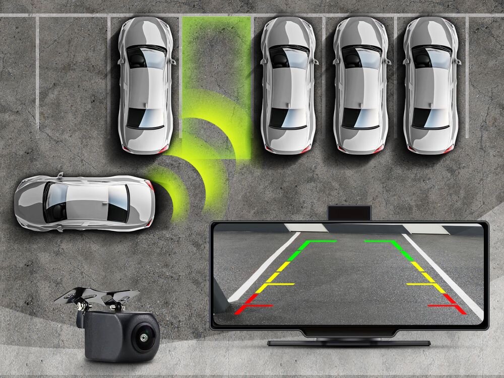 Samochodowy tablet multimedialny TRACER CR-Play 10.2 funkcje multimedialne nawigacja komfort jazdy, tablet multimedialny od frontu z kamerą cofania, samochody stojące na parkingu