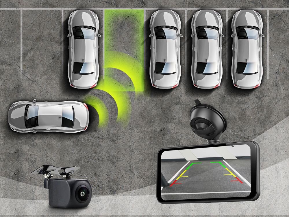 Samochodowy tablet multimedialny TRACER CarPlay 6.2 Bezprzewodowy Czarny + Kamera tył wymiary montaż w aucie, tablet multimedialny od frontu z kamerą cofania, samochody stojące na parkingu