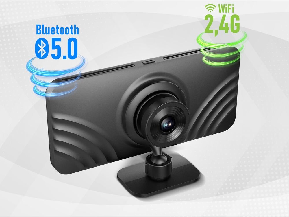 Samochodowy tablet multimedialny TRACER CarPlay 6.2 Bezprzewodowy Czarny + Kamera tył WiFi Bluetooth AirPlay Miracast, tablet multimedialny po skosie na jasnym tle