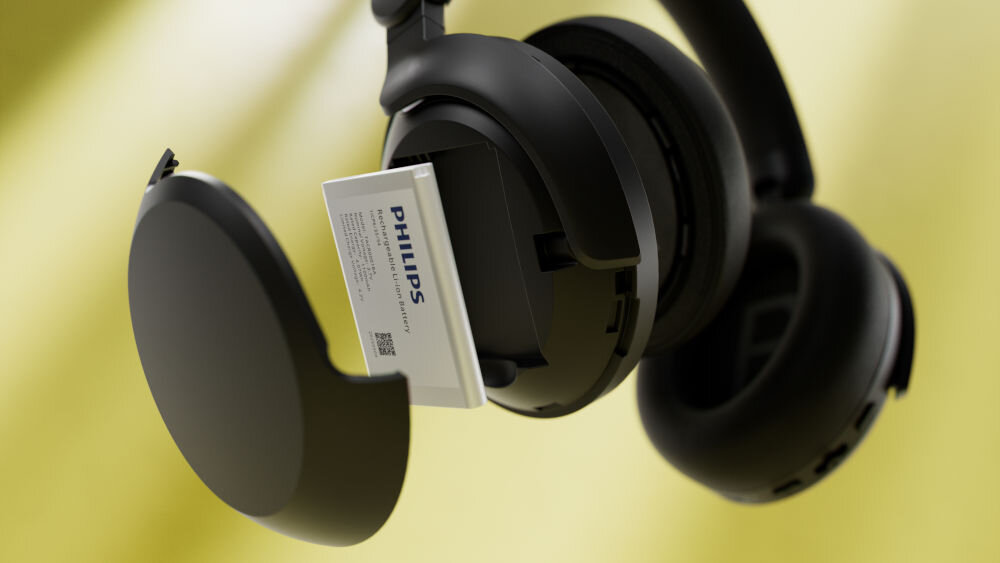 PHILIPS TAH8000EBK/00 słuchawki wymienna bateria, piankowe nauszniki, składany futerał ochronny, wymienna bateria w nauszniku