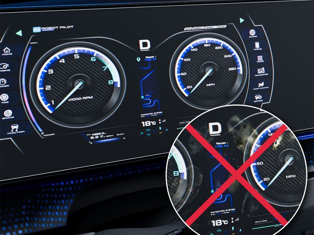 3MK TechWrap Matte Center Display Matowa powierzchnia TechWrap Matte™ odblaski widoczność nawet w słońcu powłoka oleofobowa odporna na odciski palców komfortowe i bezpieczne użytkowanie - porównanie folii z powłoką oleofobową i bez