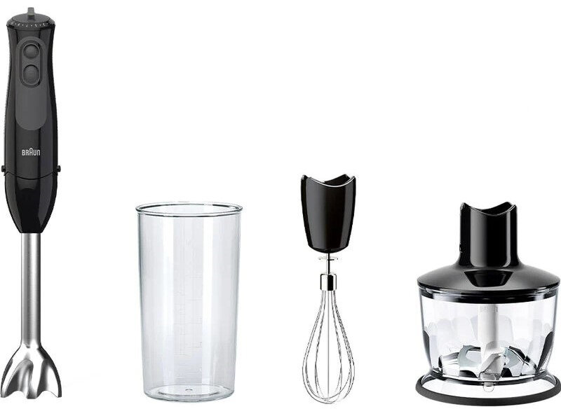 Na obrazie widoczny jest zestaw akcesoriów kuchennych, w tym ręczny blender, przezroczysty pojemnik, trzepaczka oraz pojemnik z ostrzami. Na blenderze znajduje się logo \'Braun\'.