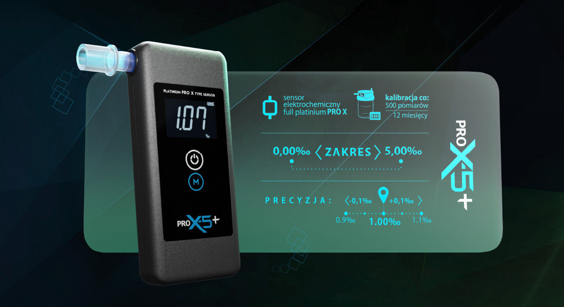 Alkomat PRO X 5 Plus Precyzyjne pomiary dokładność pomiaru szeroki zakres rzetelne wyniki wymiary waga łatwy do przenoszenia i przechowywania Zasilanie dwiema bateriami AAA odporność na temperatury