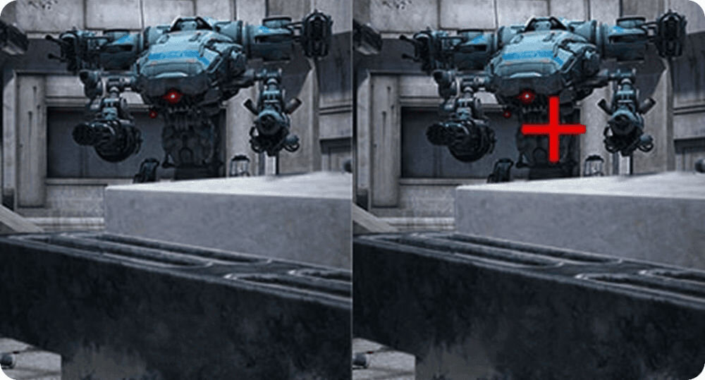 Monitor LG UltraGear 27G610A-B 27 cali 2560x1440px IPS 200Hz 1 ms [GTG] porównanie z celownikiem w grze strzelance i bez punkt celowania kontrola podczas konfrontacji