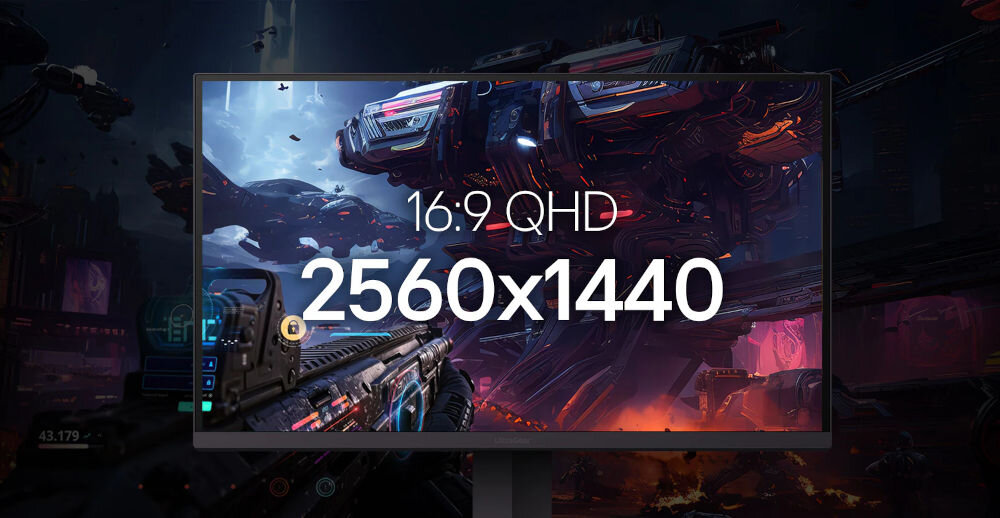 Monitor LG UltraGear 27G610A-B 27 cali 2560x1440px IPS 200Hz 1 ms [GTG]  prezentacja monitora od przodu scena z gry na ekranie i wychodząca z niego napis rozdzielczość matryca IPS, QHD, szerokie kąty widzenia