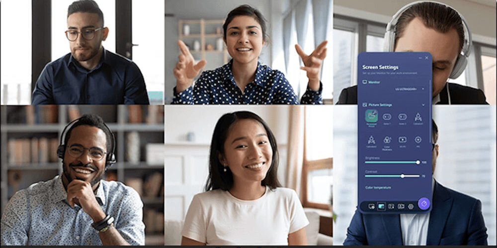 Monitor LG UltraGear 27G610A-B 27 cali 2560x1440px IPS 200Hz 1 ms [GTG] pokazane okno z rozmową wideo otwarte okno LG Switch zmiana parametrów własny układ ekranu dopasowanie jasności zarządzanie oknami