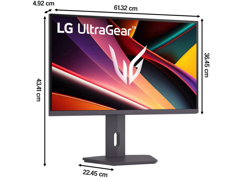 Monitor LG UltraGear 27G610A-B 27 cali 2560x1440px IPS 200Hz 1 ms [GTG] prezentacja monitora na białym tle od przodu pod kątem z wymiarami przekątna komfort oglądania wymiary dopasowanie do różnych układów