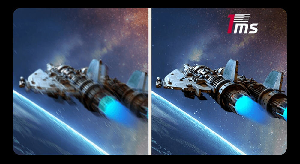 Monitor LG UltraGear 27G610A-B 27 cali 2560x1440px IPS 200Hz 1 ms [GTG]  pokazanie działania 1 ms GtG lecące statki, brak smużenia, ostrość w ruchu