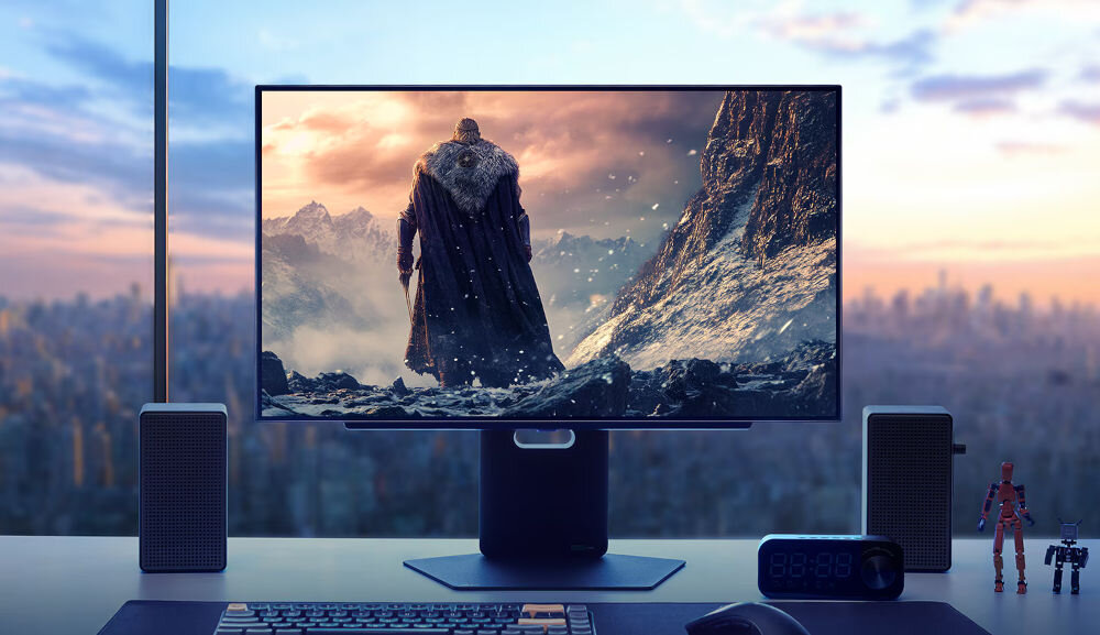 Monitor LG UltraGear 27GX700A-B 26.5 cala 2560x1440px 280Hz 0.03 ms [GTG]  prezentacja monitora od przodu na biurku z tyłu duże okno OLED 4. generacji, 1500 nitów, RGB Tandem, True Black 500