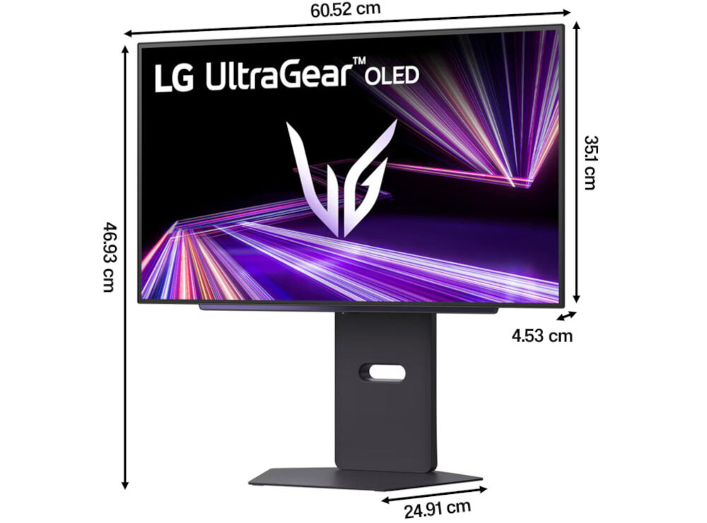 Monitor LG UltraGear 27GX700A-B 26.5 cala 2560x1440px 280Hz 0.03 ms [GTG] prezentacja monitora na białym tle od przodu pod kątem z wymiarami przekątna komfort oglądania wymiary dopasowanie do różnych układów