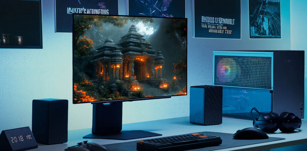 Monitor LG UltraGear 27GX700A-B 26.5 cala 2560x1440px 280Hz 0.03 ms [GTG] prezentacja monitora pod kątem na biurku w pokoju gamingowym 98,5% DCI-P3 wierne odwzorowanie kolorów