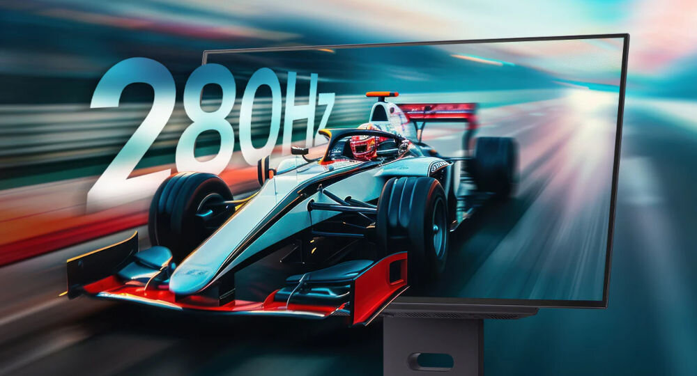 Monitor LG UltraGear 27GX700A-B 26.5 cala 2560x1440px 280Hz 0.03 ms [GTG] pokazanie częstotliwości jadący bolid częstotliwość odświeżania płynność brak rozmycia
