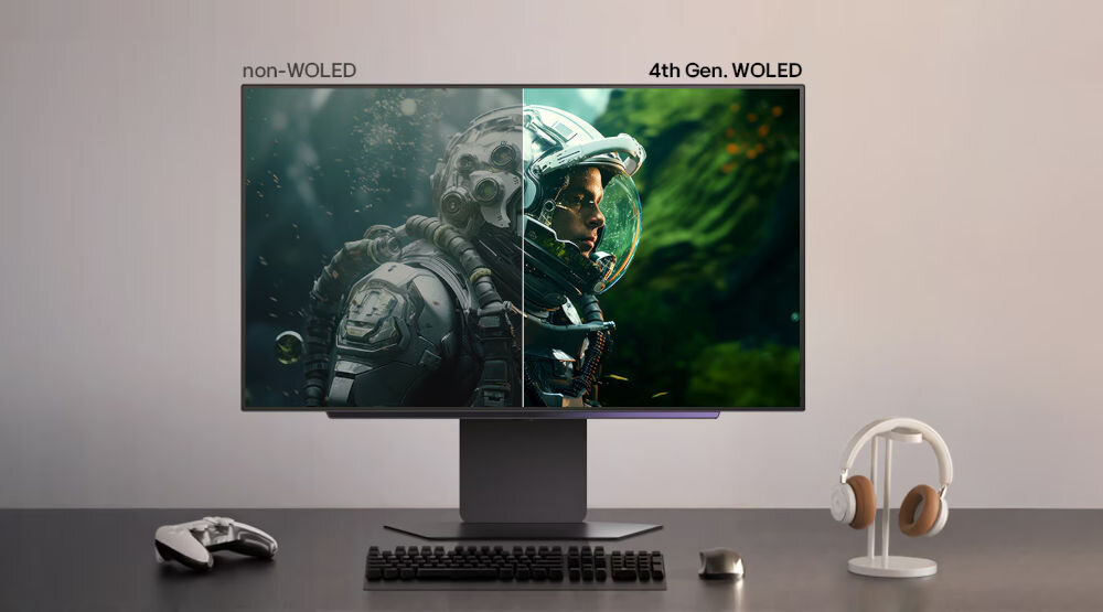 Monitor LG UltraGear 27GX700A-B 26.5 cala 2560x1440px 280Hz 0.03 ms [GTG] prezentacja monitora na biurku jasna ściana Perfect Black, Color Fidelity, certyfikat UL, odwzorowanie barw