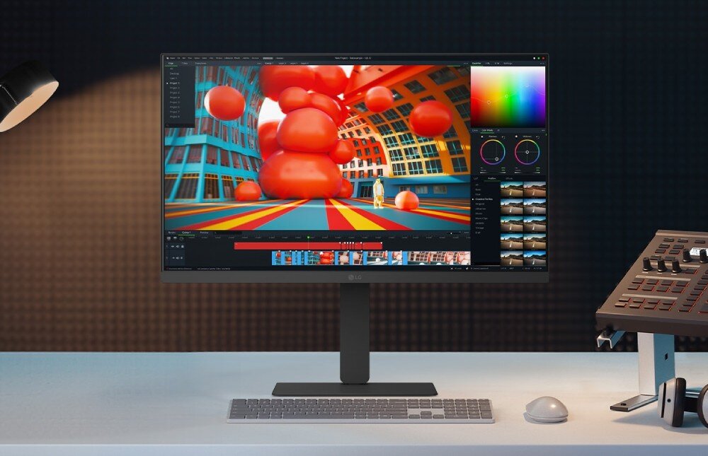 Monitor LG UltraFine 27U730A-B czarny monitor stojący na białym biurku wyświetla kolorową grafikę z czerwonymi kulami i interfejs programu do edycji wideo, obok znajduje się klawiatura, mysz i konsola sterująca z suwakami