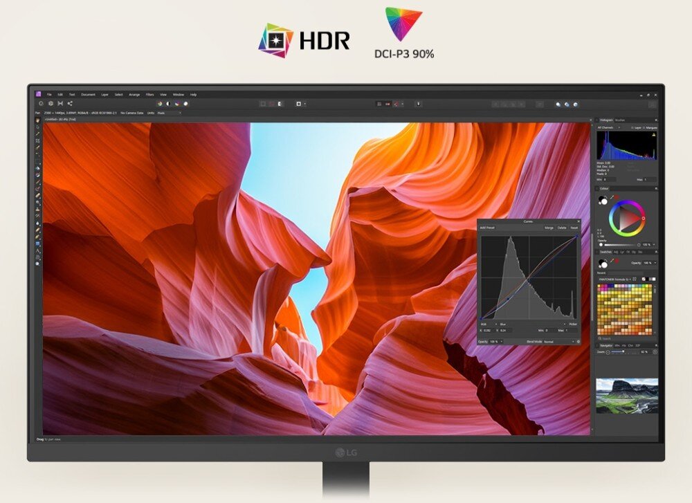 Monitor LG UltraFine 27U730A-B zbliżenie na ekran monitora wyświetlający pomarańczowo-czerwony kanion, powyżej widoczne logotypy 'HDR' oraz 'DCI-P3 90%'