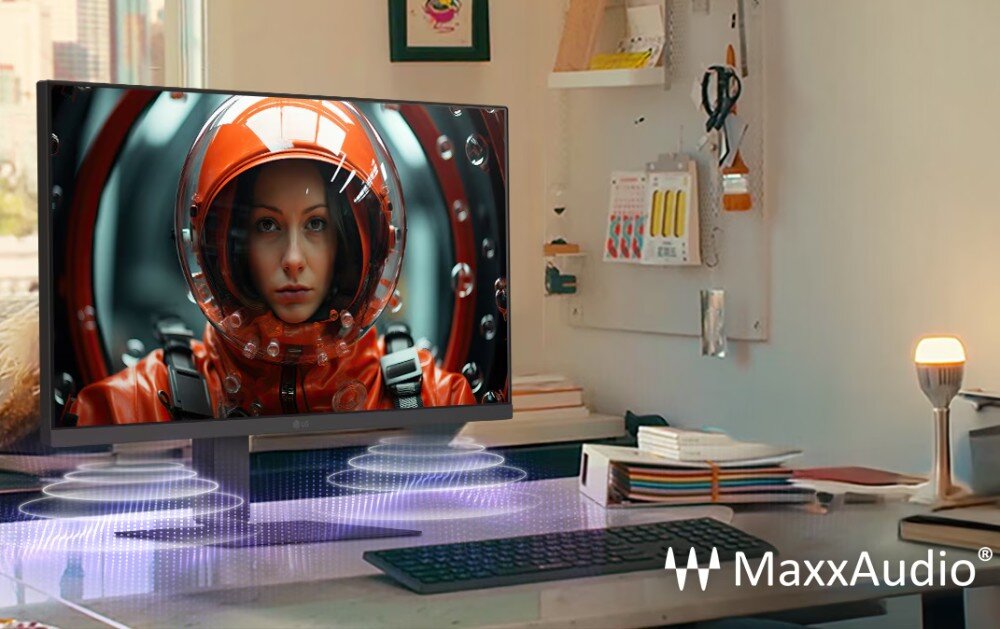 Monitor LG UltraFine 27U730A-B monitor stojący na biurku wyświetla postać w pomarańczowym skafandrze kosmicznym, u dołu graficzne fale dźwiękowe symbolizujące technologię MaxxAudio