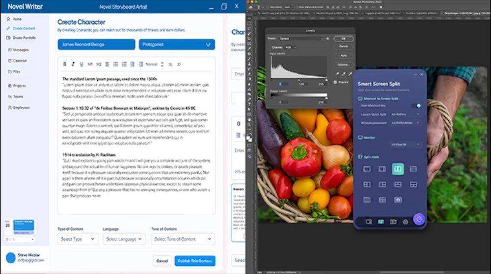 Monitor LG UltraFine 27U730A-B ekran monitora podzielony na dwie części, po lewej stronie edytor tekstu, po prawej program graficzny z otwartym menu funkcji 'Smart Screen Split' i opcjami podziału okien