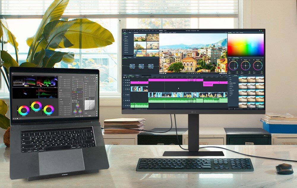 Monitor LG UltraFine 27U730A-B stanowisko pracy z monitorem i podłączonym do niego laptopem, oba urządzenia wyświetlają ten sam program do montażu filmowego w jasnym pomieszczeniu przy oknie