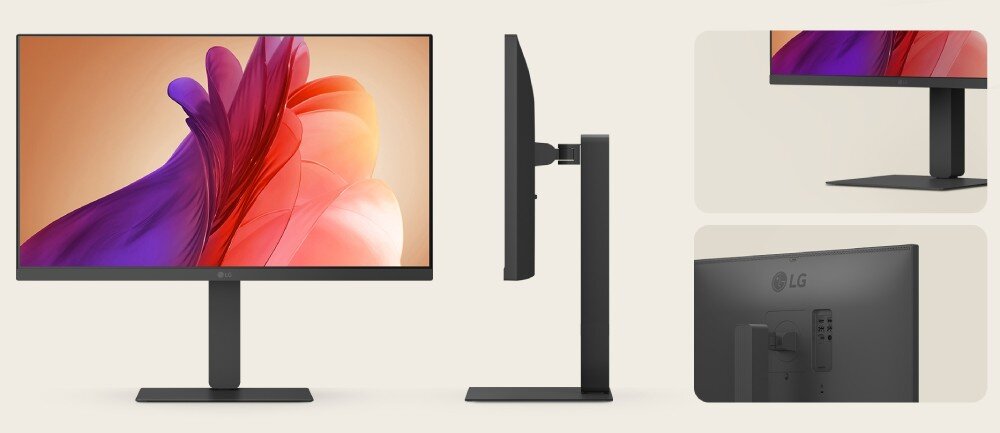 Monitor LG UltraFine 27U730A-B kolaż trzech ujęć monitora przedstawiający widok od przodu z kolorową grafiką, profil boczny na cienkiej nodze oraz zbliżenia na podstawę i tylny panel z gniazdami połączeniowymi