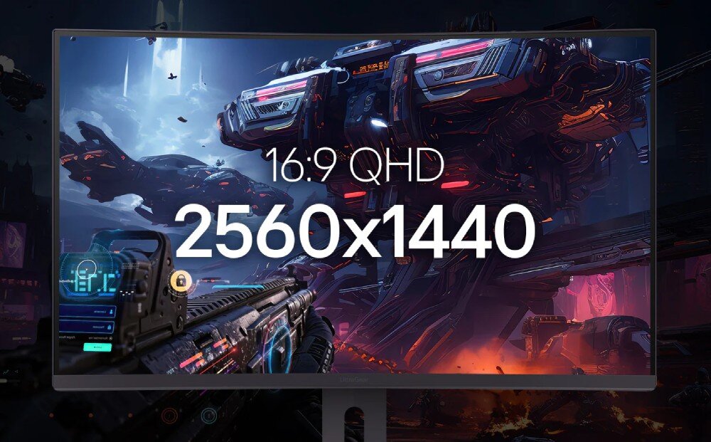 Monitor wyświetla dynamiczną scenę z gry science fiction z dużym robotem i futurystycznym interfejsem. Na ekranie widoczny jest tekst: \'16:9 QHD 2560x1440\'.