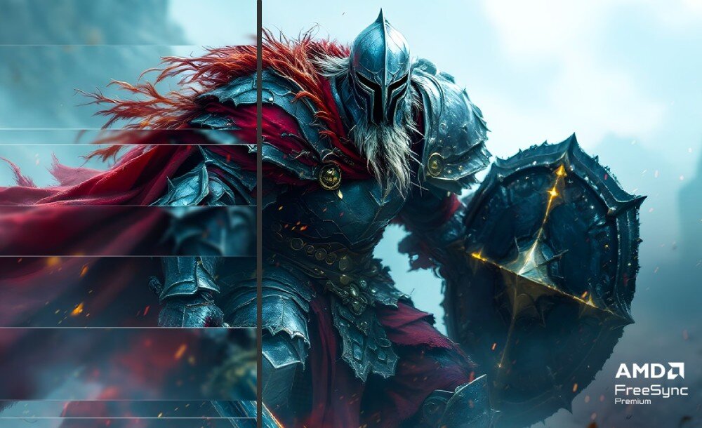 Obraz przedstawia postać w zbroi z mieczem i tarczą, z efektem rozmycia po lewej stronie. W prawym dolnym rogu widnieje logo \'AMD FreeSync Premium\'.