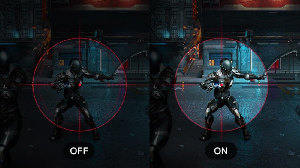 Obraz przedstawia dwie postacie w futurystycznych zbrojach w ciemnym otoczeniu, z czerwonymi celownikami na ich torsach. Pod postaciami znajdują się napisy \'OFF\' i \'ON\'.