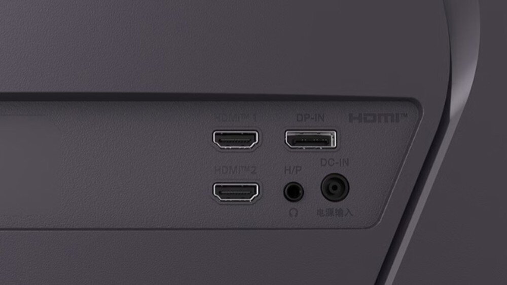 Zdjęcie przedstawia panel złącz monitora z trzema portami HDMI, jednym portem DP-IN, gniazdem słuchawkowym H/P oraz wejściem zasilania DC-IN. Obok portów widoczne są oznaczenia tekstowe: \'HDMI™1\', \'HDMI™2\', \'DP-IN\', \'H/P\', \'DC-IN\'.