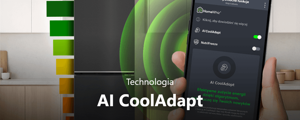 LODÓWKA BEKO B5RCNA416HXBRW PHOENIX Na zdjęciu widać smartfon z aplikacją HomeWhiz, na której podświetlono aktywną funkcję „AI CoolAdapt”. W tle znajduje się lodówka oraz grafika symbolizująca inteligentne, energooszczędne chłodzenie AI CoolAdapt inteligentne chłodzenie automatyczne rozmrażanie świeżość energia HomeWhiz powiadomienia alert drzwi przechowywanie